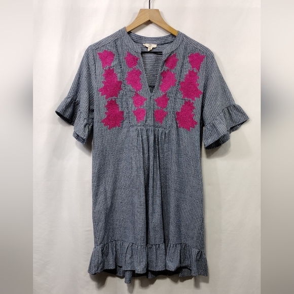 entro Dresses & Skirts - Entro Embroidered Floral Stripped Dress Women's M Blue Pink Boho Retro 90s Y2K